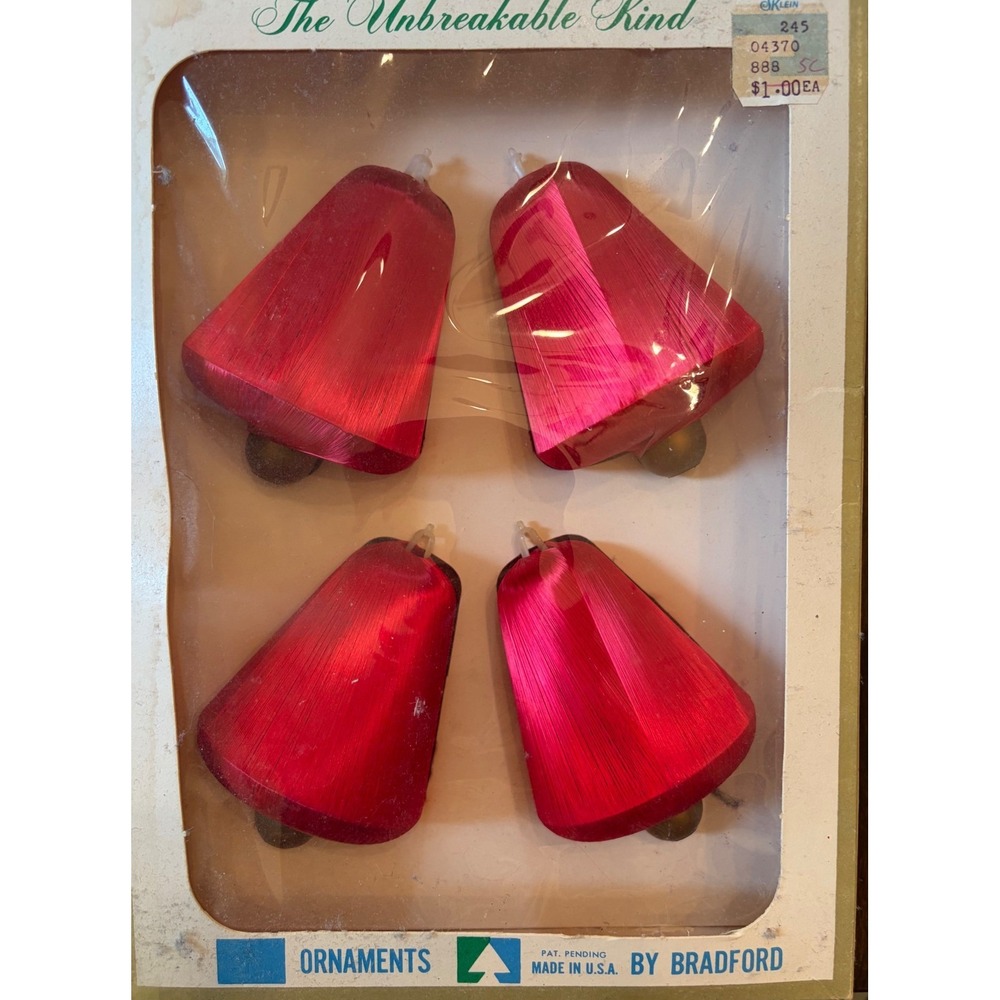 Vintage NIP Bradford Satin Bell Christmas Ornaments Set of 4 Unbreakable
